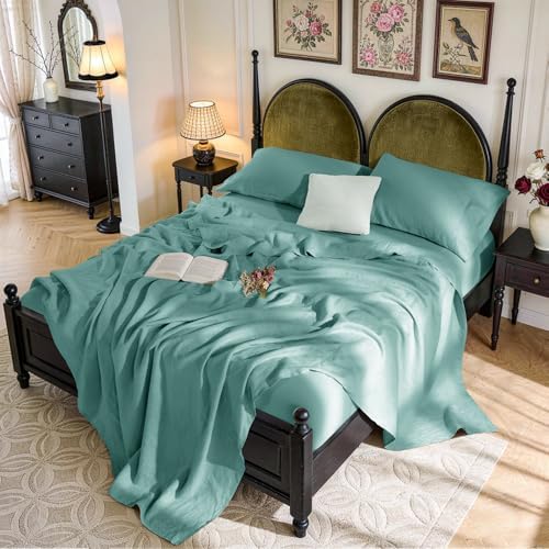 SONORO KATE 100% French Linen Queen Size Sheets Set,Natural Flax Bedding