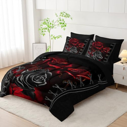 AILONEN Black and Red Rose Comforter Set Queen,7-Piece Flower Bed in a Ba,Soft Comforter & Fitted Sheet with Flat Sheet & 2 Pillowcases,2 Pillow Shams for Bedroom