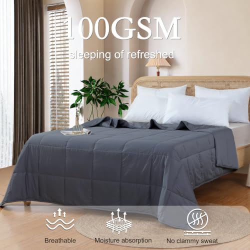 YOUR MOON Summer Lightweight Wool Comforter - Breathable & Thin Duvet Insert for Hot Sleepers, 100% Australian Lamb Wool Filling 100gsm with Pure Cotton Shell-Twin Size (Dark Gray)