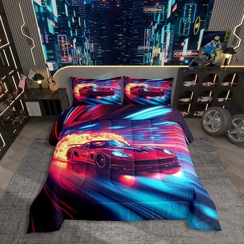 Erosebridal Boys Race Car Bedding Set Toddler,Cool Racing Car Comforter for Kids Boys Teens Toddler Red Blue Race Car Room Decor,Ombre Geometric Striped Duvet Comforter,Soft Lightweight & All Season