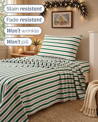 Christmas Sheet Set, Cabana Stripe, Holiday Xmas Bedding Set - Twin Size