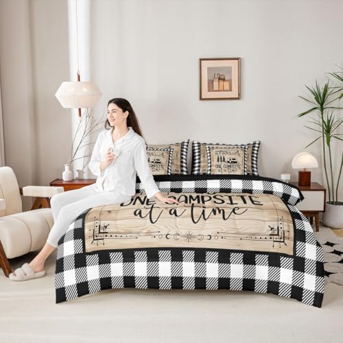 Erosebridal Camper Decorations Comforter Set - 7 Pieces Happy Camping Bedding Sets King Bed in A Bag Boho Sun Moon Comforter, Wooden Planks Sheets, Rustic Farmhouse Pillowcases & Throw Pillow Covers