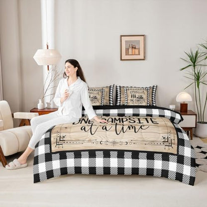 Erosebridal Camper Decorations Comforter Set - 7 Pieces Happy Camping Bedding Sets King Bed in A Bag Boho Sun Moon Comforter, Wooden Planks Sheets, Rustic Farmhouse Pillowcases & Throw Pillow Covers