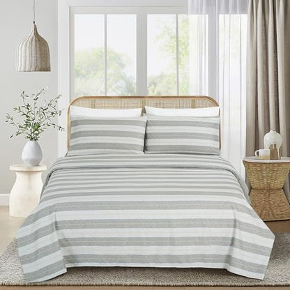Chezmoi Collection 3-Piece Lodge Textured Striped Sheet Set Twin - Multicolor Gray Tan Stripe Printed Brushed Microfiber Lightweight Breathable Deep Pocket Bed Sheets