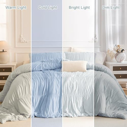 Masaca Oversized King Comforter 120x120,3 Pieces Ruched Ruffle Bedding Comforter,Light Blue Rustic Shabby Boho Cal King Bed Comforter Oversized Lightweight and Soft