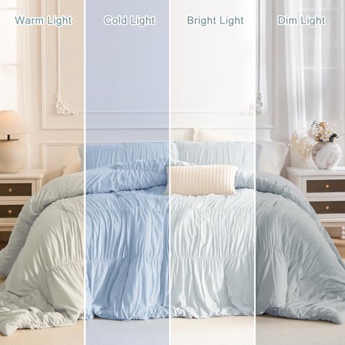 Masaca Oversized King Comforter 128x120,3 Pieces Ruched Light Blue Ruffle Comforter Set Lightweight Luxury Farmhouse Shabby Extra Large King Size Bedding for All Season