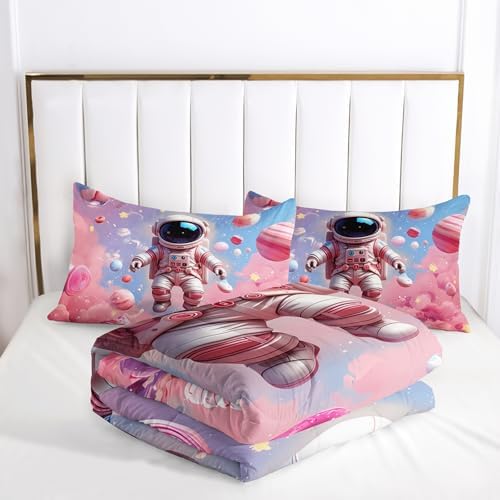 Space Astronaut Comforter Twin Size,Space Astronaut Kids Comforter Set,3Pcs Bedding Set Printed Comforter with 2 Pillowcases,Down Alternative,Soft and Lightweight,for All Seasons