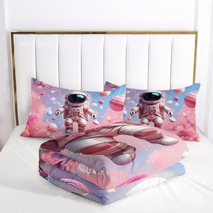 Space Astronaut Comforter Twin Size,Space Astronaut Kids Comforter Set,3Pcs Bedding Set Printed Comforter with 2 Pillowcases,Down Alternative,Soft and Lightweight,for All Seasons