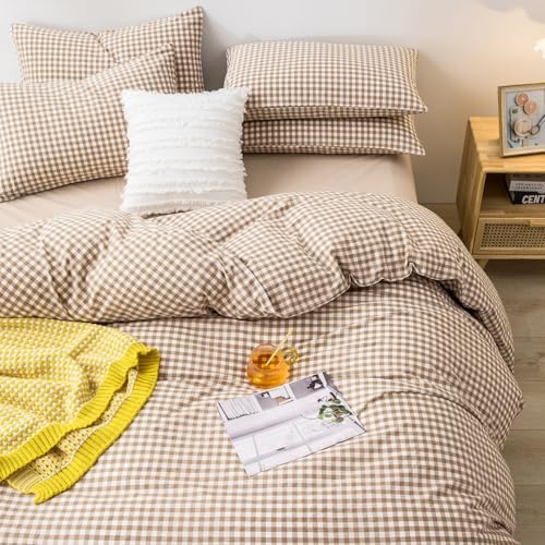 mixinni Tan Gingham Comforter Set California King, Plaid Comforter Set 3 Pieces 1 Beige Grid Comfoter with 2 Pillow Cases for All Seasons, Soft Fluffy Modern Grid Pattern Printed Bedding