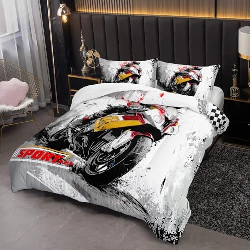 Motorcycle Race Comforter Set Twin Size for Boys，Kids Sports Themed Twin Size Bedding Set，Sport Quilt for Boys，with 1 Comforter with 2 Pillow Case