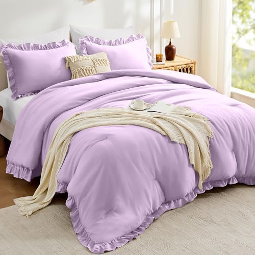 FUANNA King Size Comforter Set, Ruffle Bedding Set, 3 PCS Bed Set, Lavender