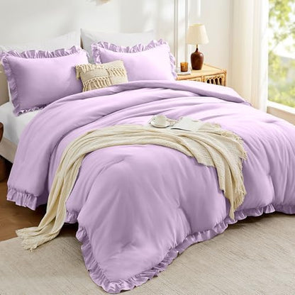 FUANNA King Size Comforter Set, Ruffle Bedding Set, 3 PCS Bed Set, Lavender
