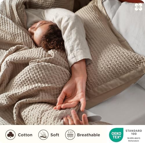 Bedsure PureWoven 3 Pieces 100% Cotton Waffle Duvet Cover Set, King, Khaki