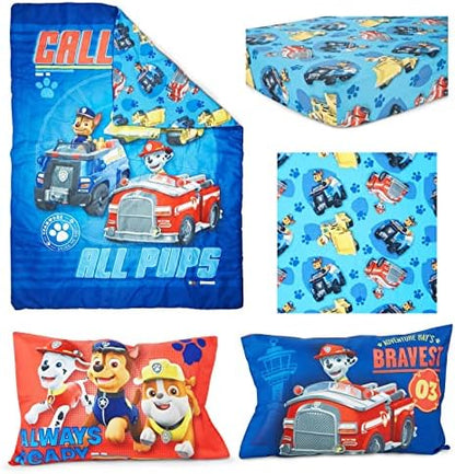 Paw Patrol Calling All Pups 4 Piece Toddler Bedding Set – Includes Comforter, Sheet Set – Fitted + Top Sheet + Reversible Pillowcase for Boys Bed, Blue