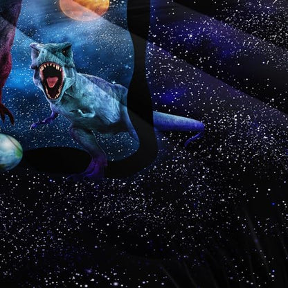AILONEN Space Galaxy Dinosaur Bedding Set, Purple Dreamy Nebula Dinosaur Queen Size Bedding Sets for Boys Girls,Dino Roar Planet Pattern Soft Breathable Quilt Set 3Pcs(1 Comforter + 2 Pillowcase)