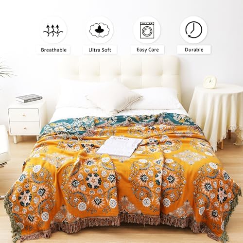 VANJOROY Boho Throw Blanket, 100% Cotton Soft King Yellow Throw for Bed-Floral Farmhouse Decor Blanket, Reversible Bohemian Throw for Sofa Chair Couch Quilt and Gift, 91" x 98"