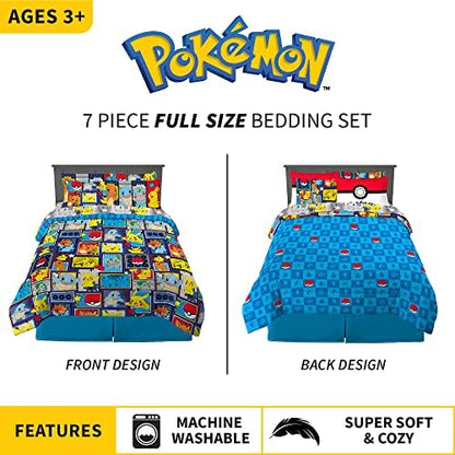 Franco Pokémon Pikachu Full Size Bedding Set – Kids Bedding Super Soft Cozy Reversible Comforter and Sheet Set with Sham, 7 Piece Full Size, (Officially Licensed Product)