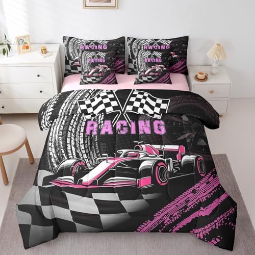 Girls Race Car 7 Pieces Bedding Set Queen Bed in a Bag,Women Racing Game Comforter Set with Comforter,Flat,Fitted Sheet,Pillowcases,Pillow Covers,3D Pink Race Car Soft Warm Microfiber Bedding