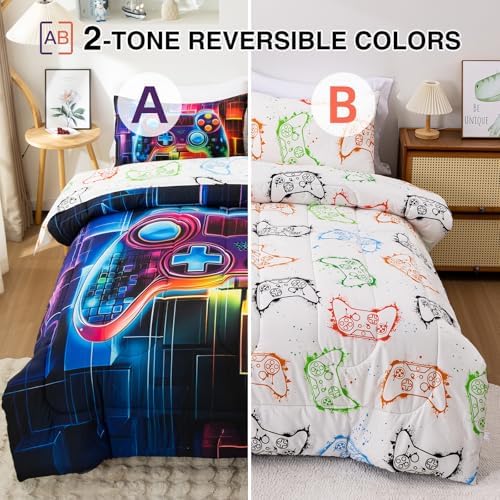 A Nice Night Boys Queen Size 5-Piece Game Console Comforter Set, for Kids Teen 3D Colorful Background Colorful Universe Gamepad Gaming Printed Matching Sheet Sets Black-Red