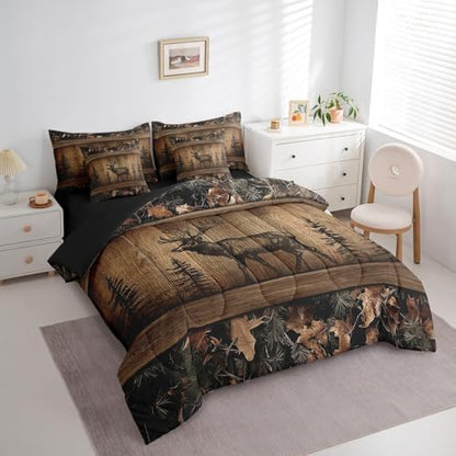 Erosebridal Camo Moose Bed in A Bag 7 Piece Rustic Tree Camouflage Bedding Set King Woodland Hunting Animal Comforter Set with Sheets for Kids Adults Farmhouse Wood Board Pine Tree Wildlife Bed Set