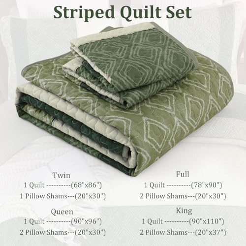Cottolester Sage Green Full Quilt Set,3 Pcs Summer Striped Bedspread Set