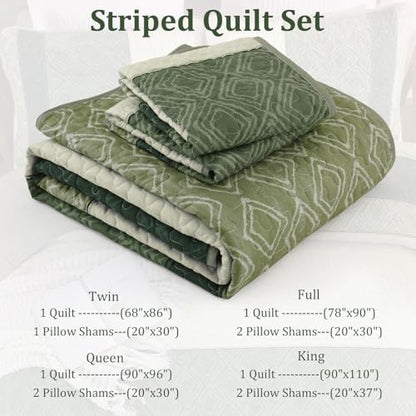 Cottolester Sage Green Full Quilt Set,3 Pcs Summer Striped Bedspread Set