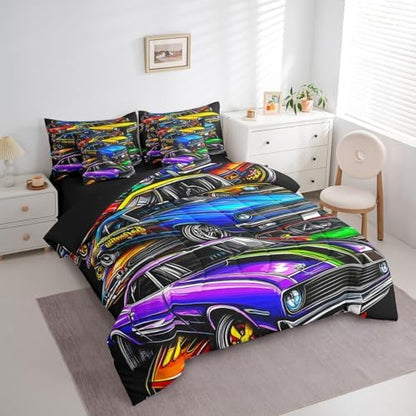 Feelyou Race Car Comforter Set with Sheets King Size Kids Speed Sports Car 7 Pieces Bedding Set for Boys Girls Teens Racing Car Bed in a Bag Breathable Hippie Graffiti Extreme Sports Bed Set