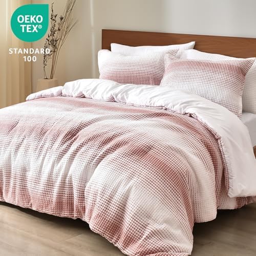 PHF Yarn Dyed Waffle Comforter Set 3 Pieces Queen, White and Brick