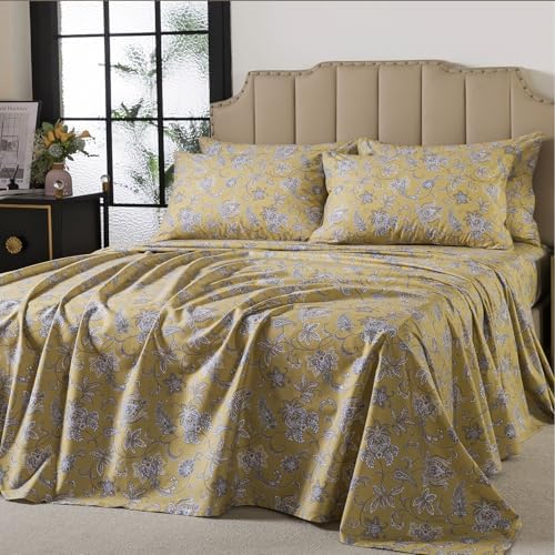 FADFAY 100% Cotton Twin XL Sheet Set, Olive Green Paisley Floral Bed Sheets for College Dorms, Deep Pocket Fitted Sheet, Pet-Friendly Soft Breathable Cozy Bedding for All Seasons, 4-Piece
