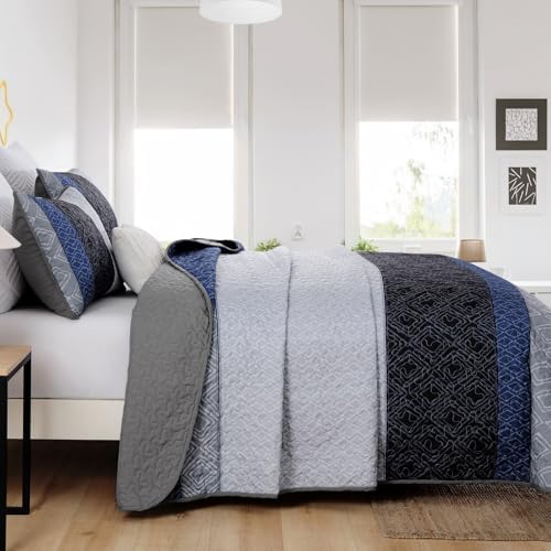 Cottolester Boho Quilt Set King Size,3 Pcs Gray Blue Striped Bedspread Set