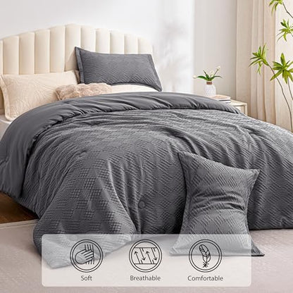 EXQ Home Waffle Comforter Queen Size - Super Soft Embossed Design Comforter Set 3 Pieces, Grey 3D Diamond Pattern Bedding Set,Winter Warm Bed Set,1 Comforter with 2 Pillowcases