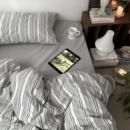 mixinni Washed Cotton Duvet Cover Twin Set - 3 Piece Gray & White Striped Bedding with Pillowcases | Vintage Industrial Style | 100% Cotton Soft Breathable-Twin Size