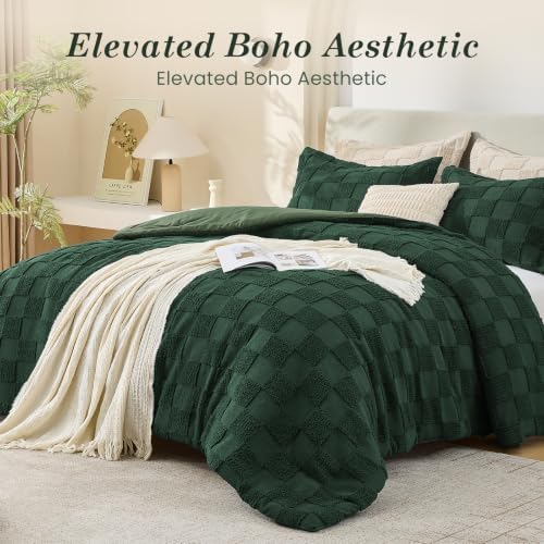 Sasttie King Comforter Set, 3 PC Boho Tufted Bed, Checkered Bedding, Green