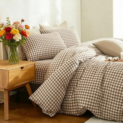 Gingham Duvet Cover Set 3 Piece 100% Washed Cotton Linen Feel Modern Plaid Checkered Bedding Comfy Breathable (Brown/White Gingham, Full)