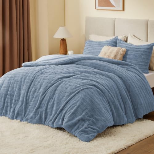 BEDELITE Faux Fur Queen Comforter Set, Fluffy Bed Set, Blue Fog