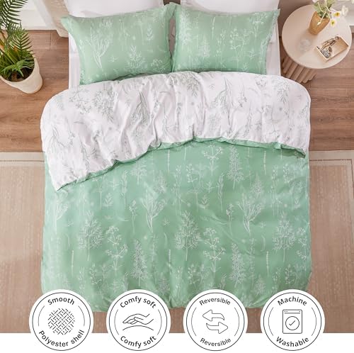 Love's cabin Sage Green Comforter Set Full - Full Size Comforter Set, 3 Pieces Cute Floral Bedding Sets for All Seasons,1 Soft Reversible Botanical Flowers Comforter and 2 Pillow Shams