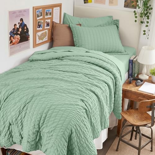 HYMOKEGE Sage Green Twin Comforter Set Seersucker 5 Pieces, All Season Luxury Bed in a Bag for Bedroom, Bedding Set with Comforters, Sheets, Pillowcase & Sham