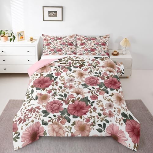 Castle Fairy Vintage Floral Leaf Comforter Set Twin Size,Romantic Pink Flowers Leaves Bedding Set,Kids Boys Adults Bedroom Decor,Country Farmhouse Super Soft Duvet Insert,1 Pillowcase