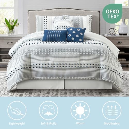 LANCO MODERN LIFESTYLE King Comforter Set, Blue, Jaquard Clip Striped Design, Elegant Soft 7 Pieces Bedding Set for All Seasons, Matching Bedskirt, Pillow Shams and Decor Pillows