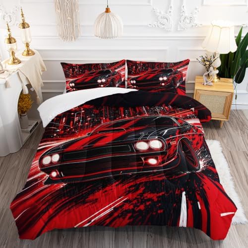 AILONEN Full Comforter Set 3 Piece, Black Crimson Street Racer Urban Artwork, Smooth Microfiber Down Alternative Quilt with 2 Pillowcases for Studio Bedroom