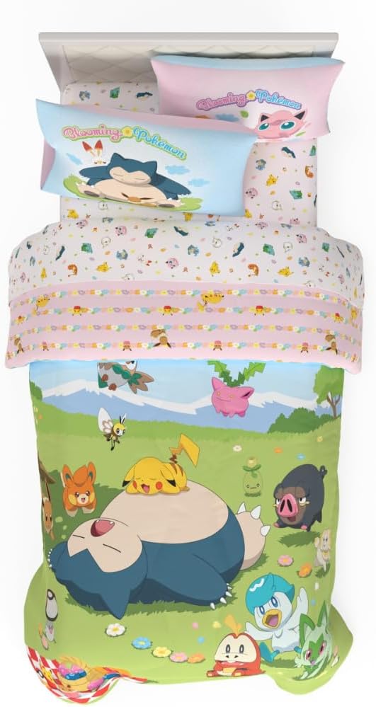 Pokemon Bedding Super Soft Comforter and Sheet Set with Sham, 4 Piece Twin Size, Featuring Snorlax, Pikachu, Eevee & Jigglypuff (Officially Licensed Product) by Franco
