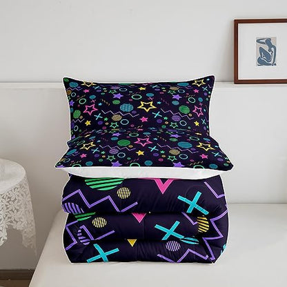 Manfei Memphis Comforter Set Full Size, Colorful Geometric Vintage Style Quilt Set with 2 Pillowcases, 80s 90s Fashion Style Bedding Set 3pcs for Kids Boys Girls Lightweight Duvet Insert