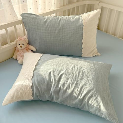 VM VOUGEMARKET Lace Duvet Cover Twin Blue Plaid Gingham Duvet Cover with 2 Romantic lace Pillowcases Soft Cozy Grid Bedding Set for College Dorm