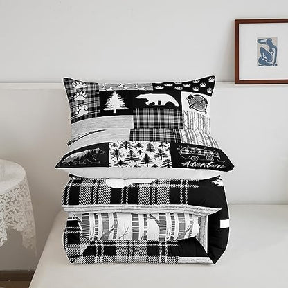 Bear Plaids Comforter Set King Size,Pine Trees Animals Hunting Bedding Set for Kids Boys Girls Adults Room Decor,Adventure Rustic Farmhouse Down Comforter,Black Retro Duvet Insert,2 Pillowcases
