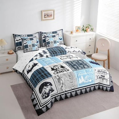 Erosebridal 7 Piece Rv Camper Comforter Set Queen for Kids Adults,Happy Camping Bedding Set for Travel Trailers,Blue Buffalo Plaid Bed in a Bag with Sheets,Cabin Patchwork Bed Set with Pillowcases