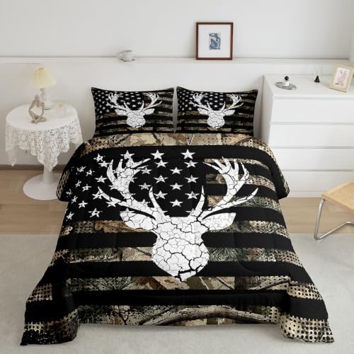 Feelyou Camo American Flag Deer Hunting Comforter Set Queen Bedding Set