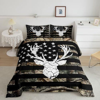 Feelyou Camo American Flag Deer Hunting Comforter Set Queen Bedding Set