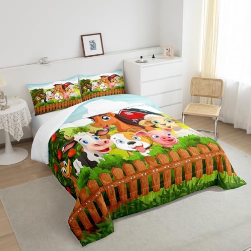 Feelyou Kids Cartoon Comforter Set Cute Farm Animals Comforter Cattle Sheep Pigs Dogs Horses Bedding Set for Boys Girls Farmhouse Duvet Set Soft Room Decor King Size Colorful Quilt Boys