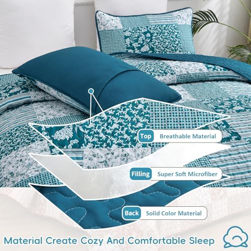 Mybedsoul Boho Queen Quilts, Patchwork Floral Bedding Set, Teal Blue