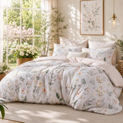 MUXHOMO Garden Leaves Bed in a Bag Queen 7 Pieces, Queen Comforter Set Reversible Botanical Flowers Design, Ultra Soft & Breathable Bedding Sets with Comforter, Sheets, Pillowcases & Shams